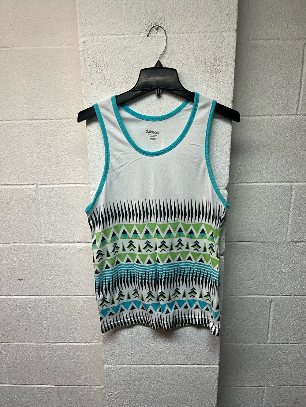 Carbon White Tank with Teal Trim and Green Geometric Print